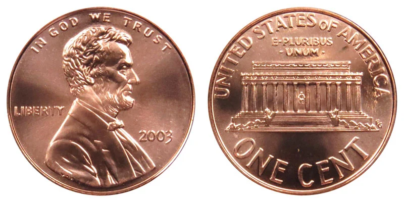2003 Lincoln Memorial penny obverse and reverse showing Lincoln portrait and Memorial building
