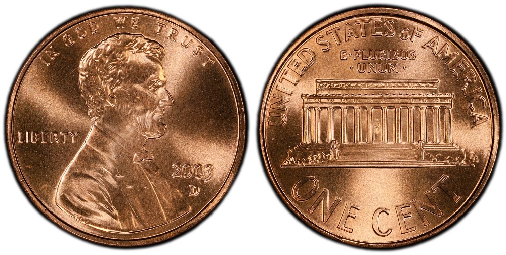 Side-by-side comparison of normal 2003 Lincoln penny (left) vs 2003 DDO error penny (right) showing doubling on eye and LIBERTY