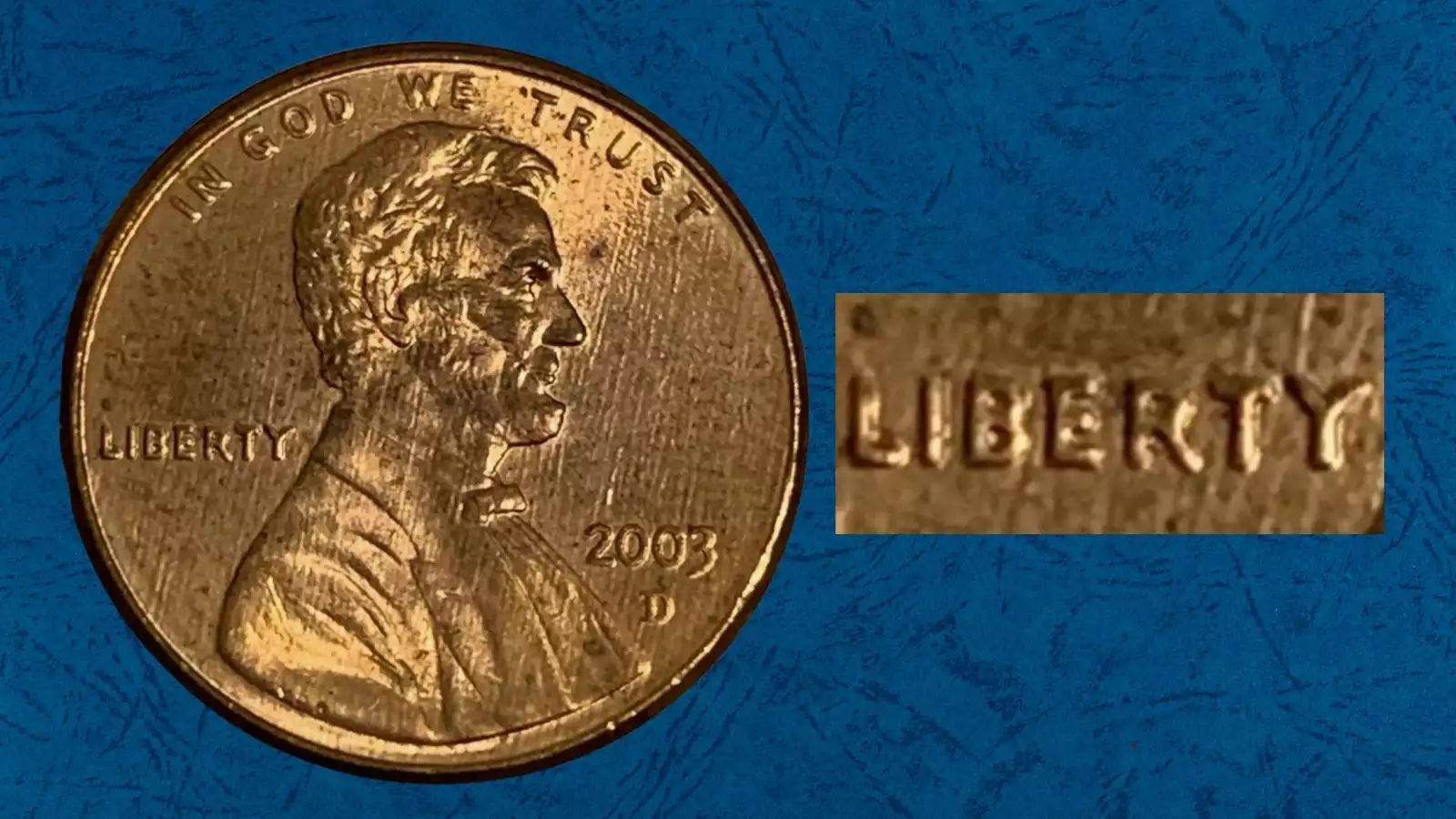 2003 Lincoln penny doubled die obverse (DDO) error showing doubling on Lincoln's eye and LIBERTY inscription