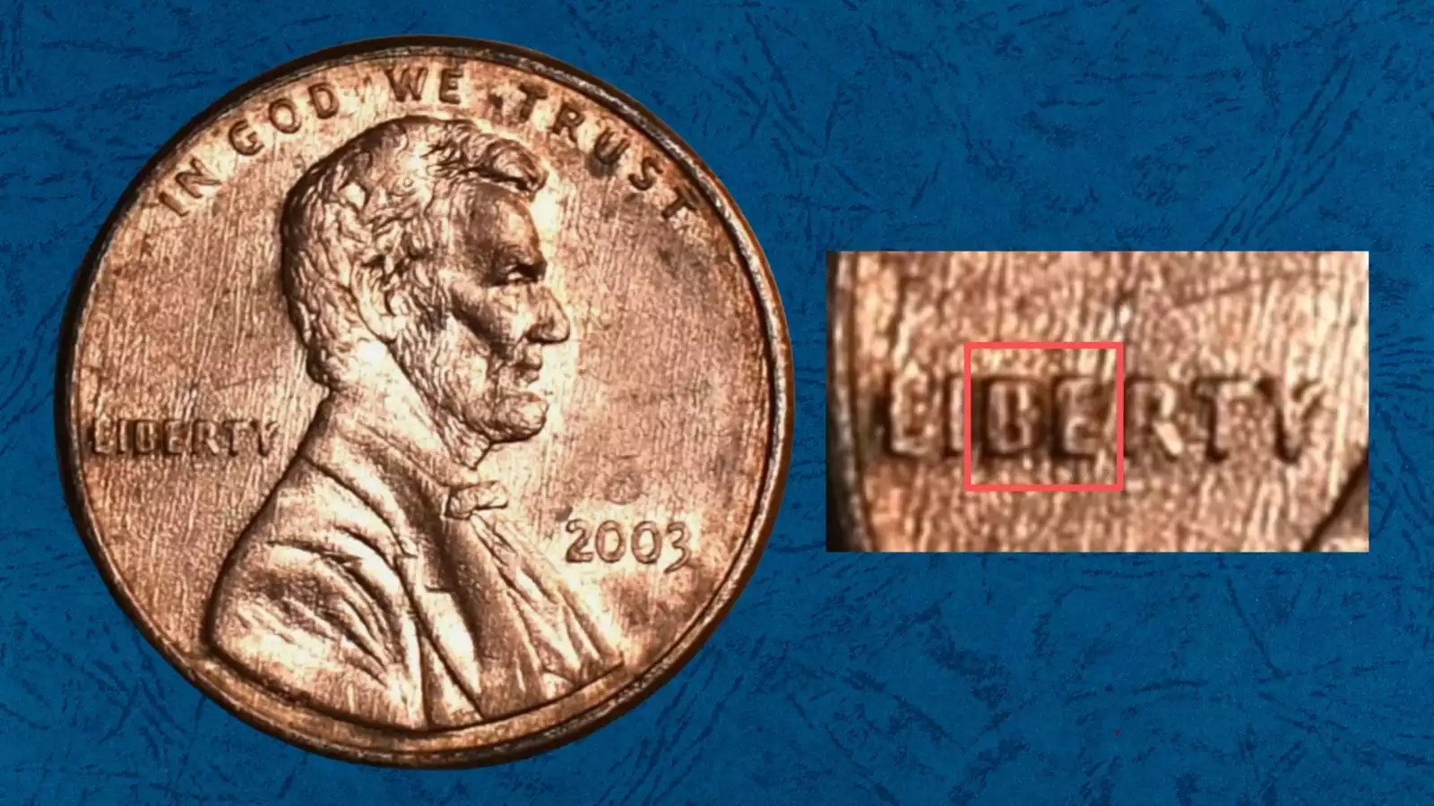 2003 Lincoln penny BIE die crack error showing raised I-shaped crack between B and E in LIBERTY inscription